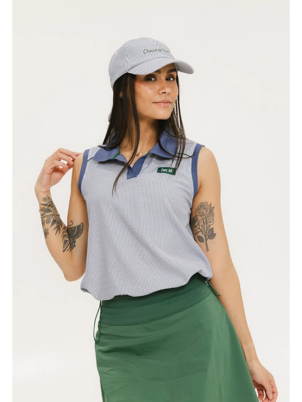 Fore All Pauline Polo Indigo Stripes Seer Sucker Fabric Size Large Golf